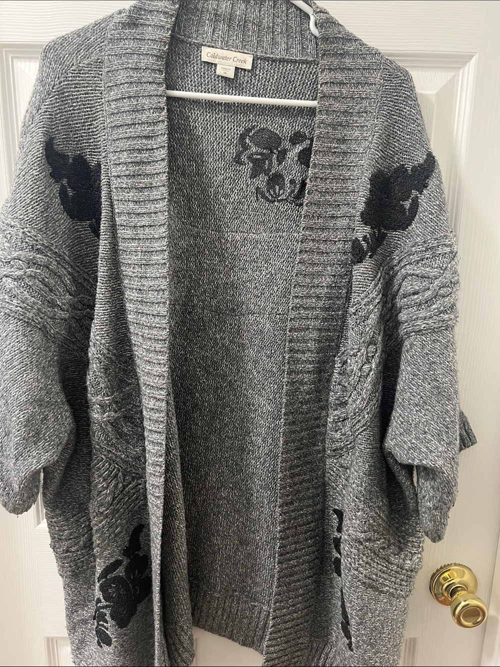 Coldwater Creek Gray Open-Front Floral Accent Cardigan